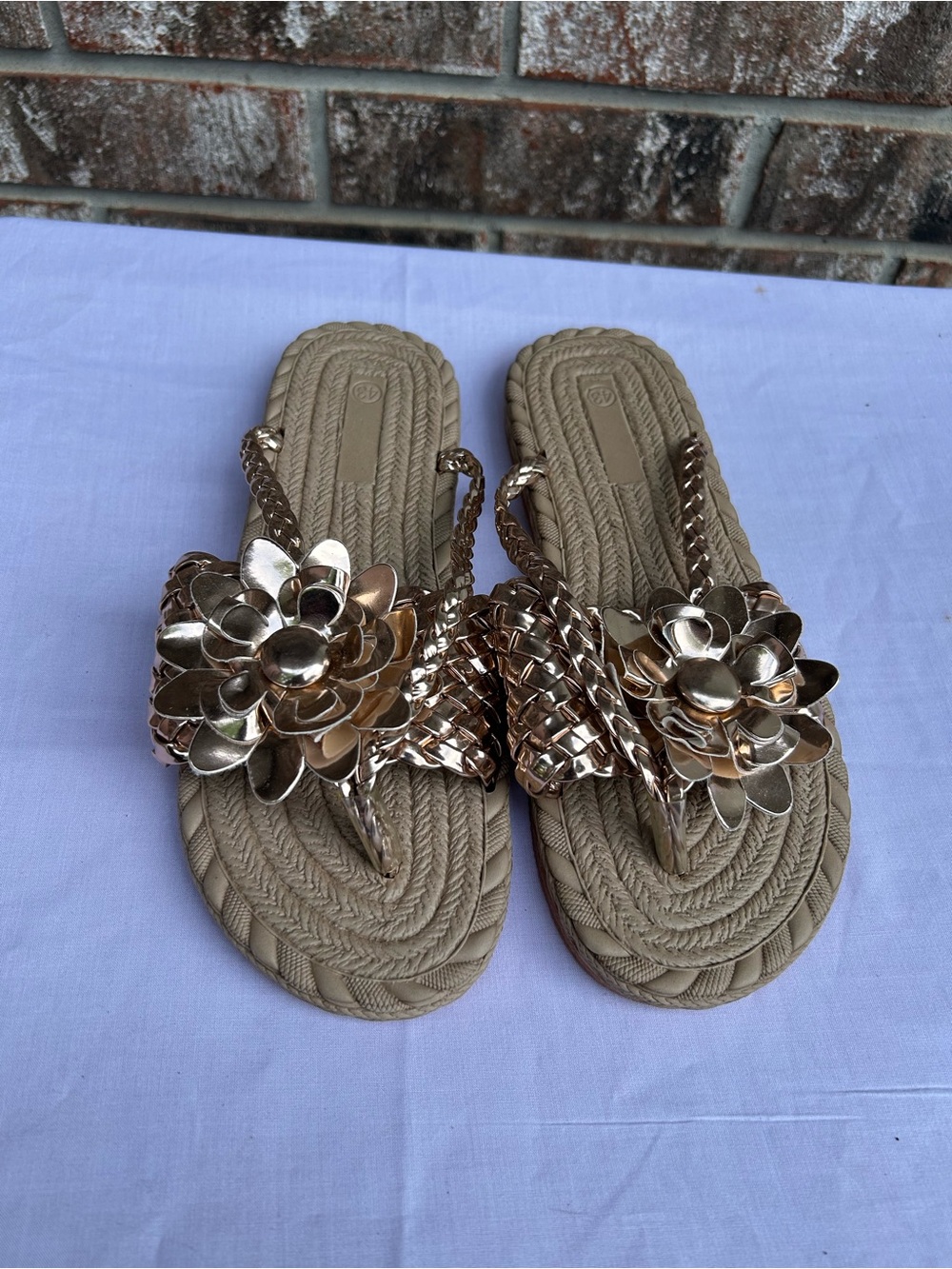 Women’s Metallic Gold Floral Thong Sandals